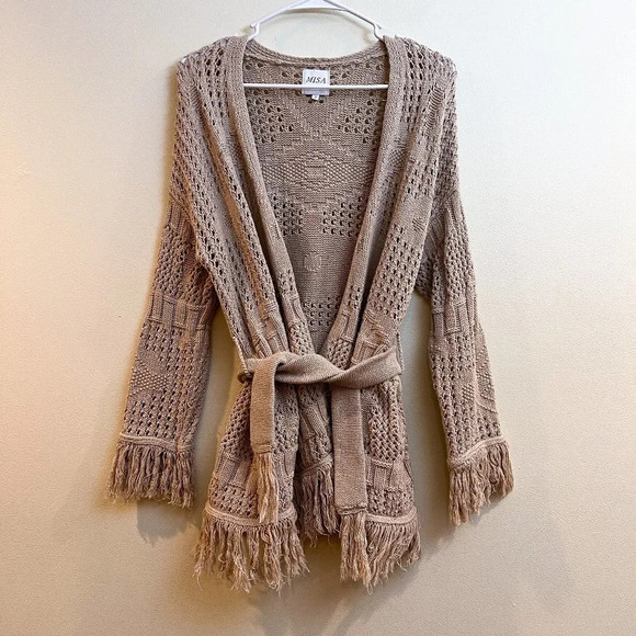 MISA Los Angeles Aztec Fringe Bohemian Tan Tie Waist Knit Cardigan Sweater Small - Picture 2 of 9